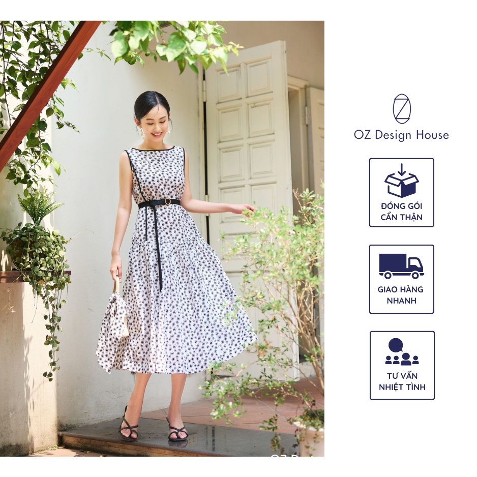 Đầm nữ OZ Design House DA10441RST23 cotton cổ thuyền tùng dưới nhún in hoạ tiết màu trắng