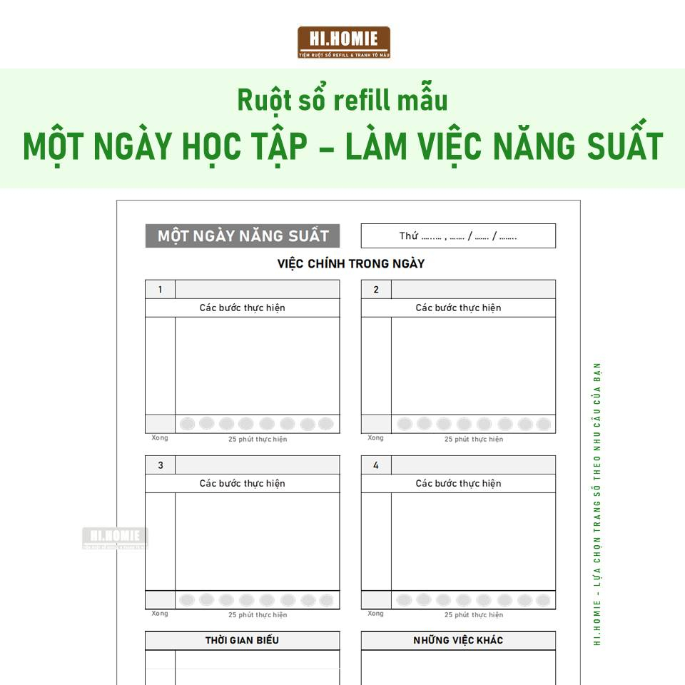 Mẫu thiết lập Một ngày học tập, làm viêc năng suất | Ruột sổ còng, giấy refill A5, A4, B5 | Hi Homie Shop