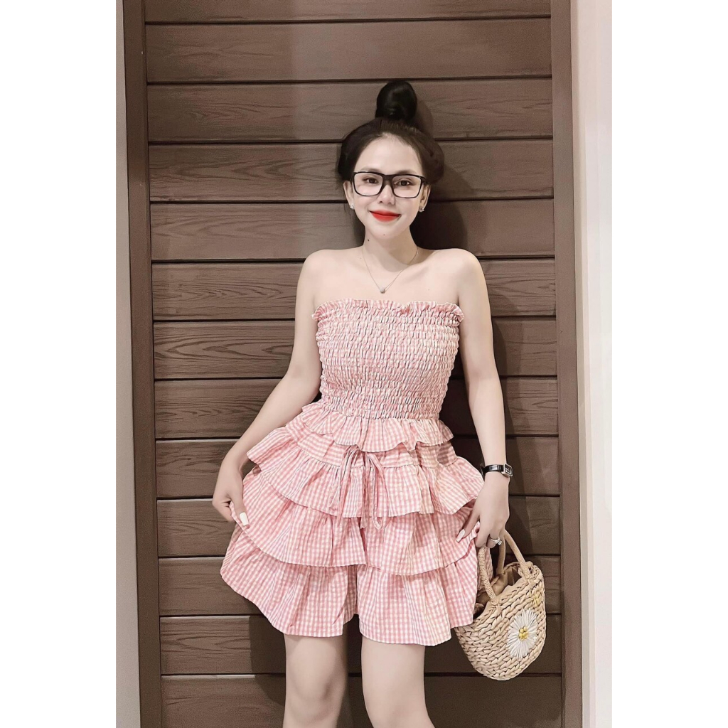 sét bộ caro cv tầng phối áo nhúm cúp ngực kèm dây hot