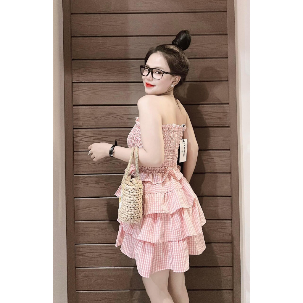 sét bộ caro cv tầng phối áo nhúm cúp ngực kèm dây hot