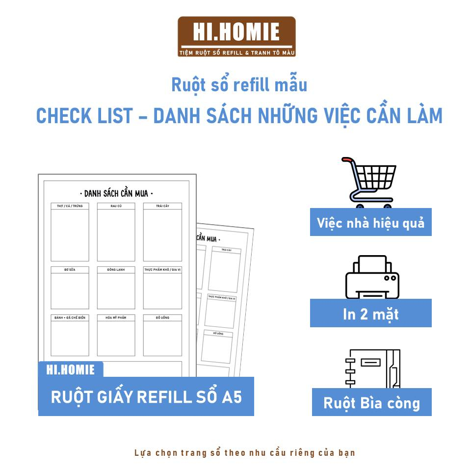Mẫu Liệt kê Danh sách những đồ cần mua khi đi siêu thị, chợ | Ruột sổ còng, giấy refill A5, A4, B5 | Hi Homie Shop