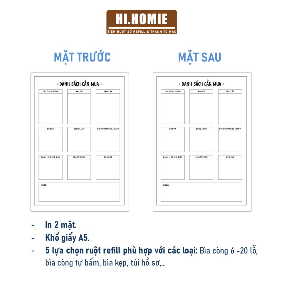 Mẫu Liệt kê Danh sách những đồ cần mua khi đi siêu thị, chợ | Ruột sổ còng, giấy refill A5, A4, B5 | Hi Homie Shop