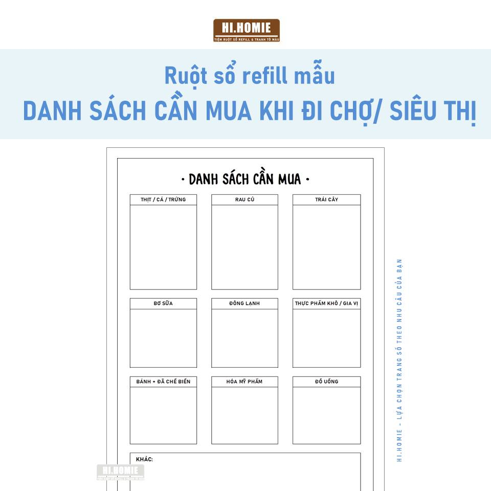 Mẫu Liệt kê Danh sách những đồ cần mua khi đi siêu thị, chợ | Ruột sổ còng, giấy refill A5, A4, B5 | Hi Homie Shop