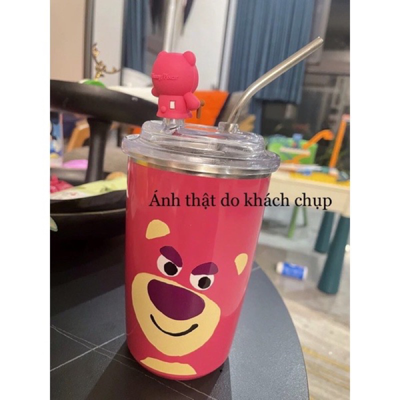Sỉ 45k- Cốc giữ nhiệt, ly giữ nhiệt Gấu Dâu Lotso tặng kèm ống hút dung tích 450ml chất liệu inox cao cấp giữ nhiệt từ 8