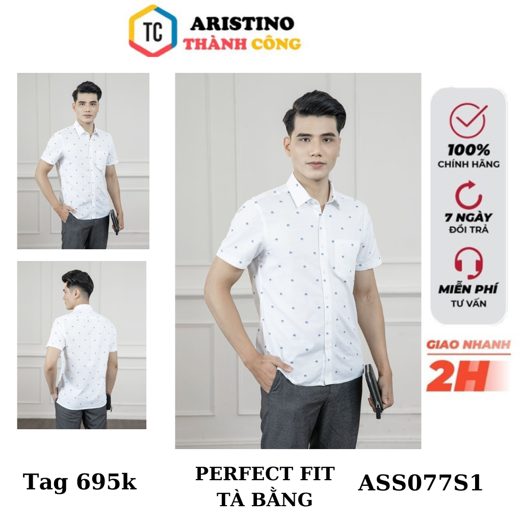 Áo sơ mi ngắn tay nam Aristino cotton thấm hút có túi form rộng  tà bằng ASS077S1