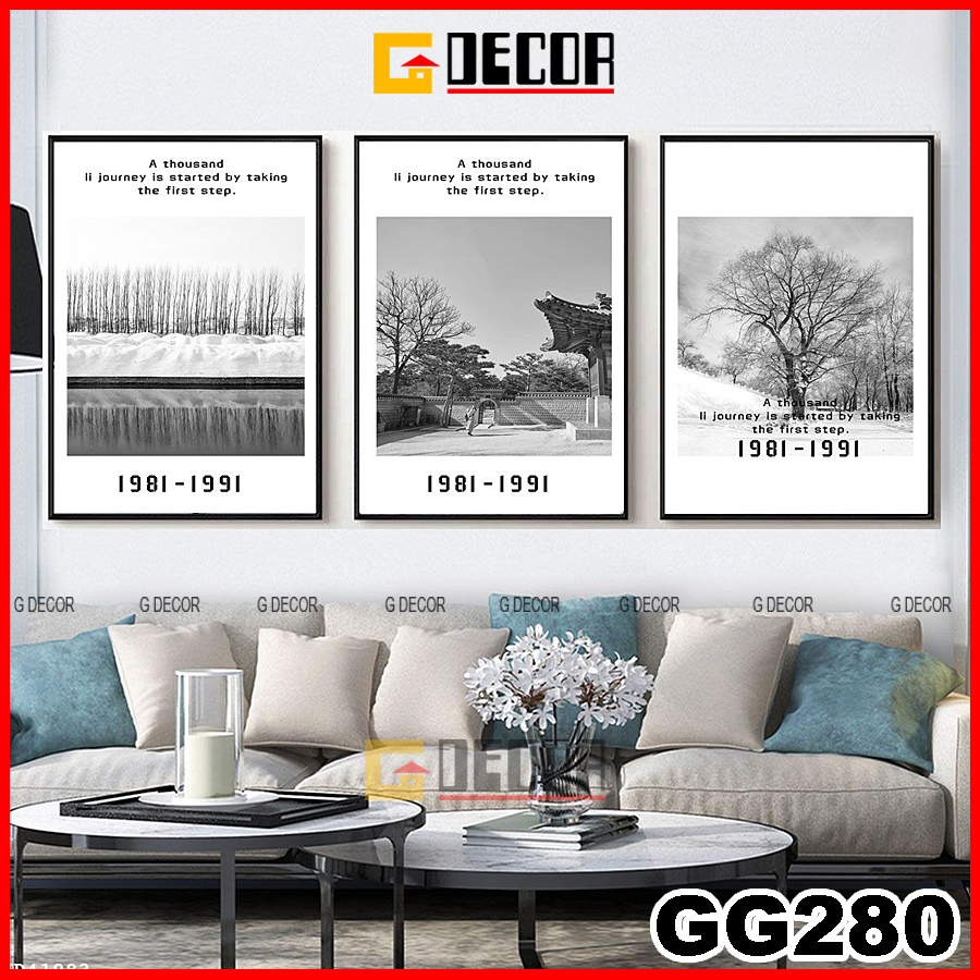 Tranh treo tường canvas khung gỗ 3 bức phong cách hiện đại Bắc Âu tranh đen trắng trang trí phòng khách phòng ngủ 280