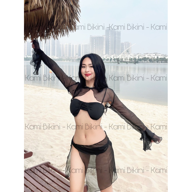 Set bikini 4 chi tiết sang chảnh với áo choàng và quây chất voan tơ mềm mịn