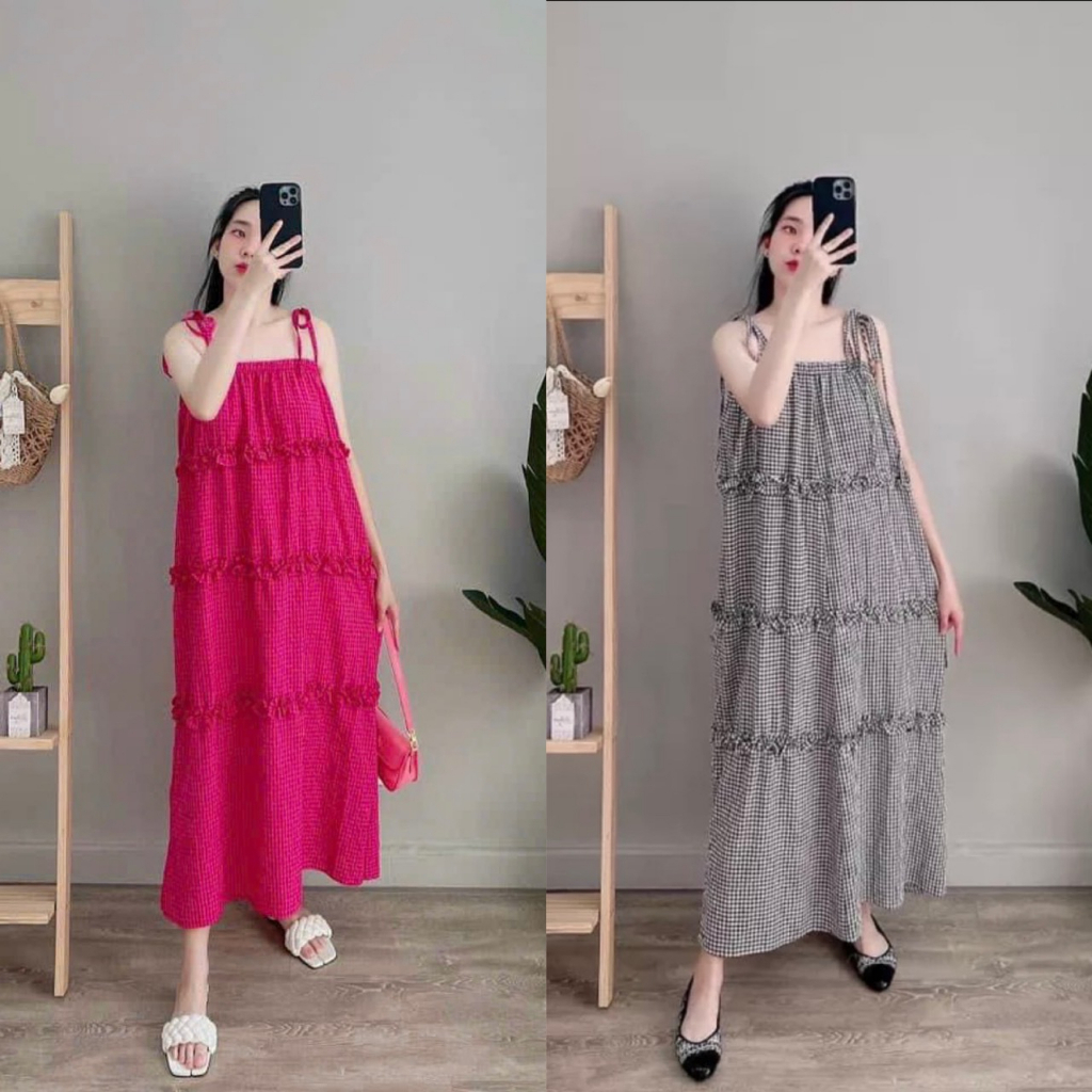 Đầm maxi đi biển, váy hai dây dáng dài chất đũi buộc vai nhún bèo dạo biển sang chảnh