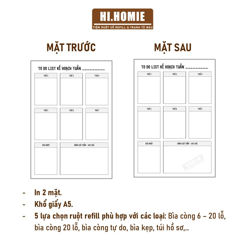 Mẫu Todolist Kế hoạch tuần | Ruột sổ còng, giấy refill A5, A4 - Hi Homie Shop