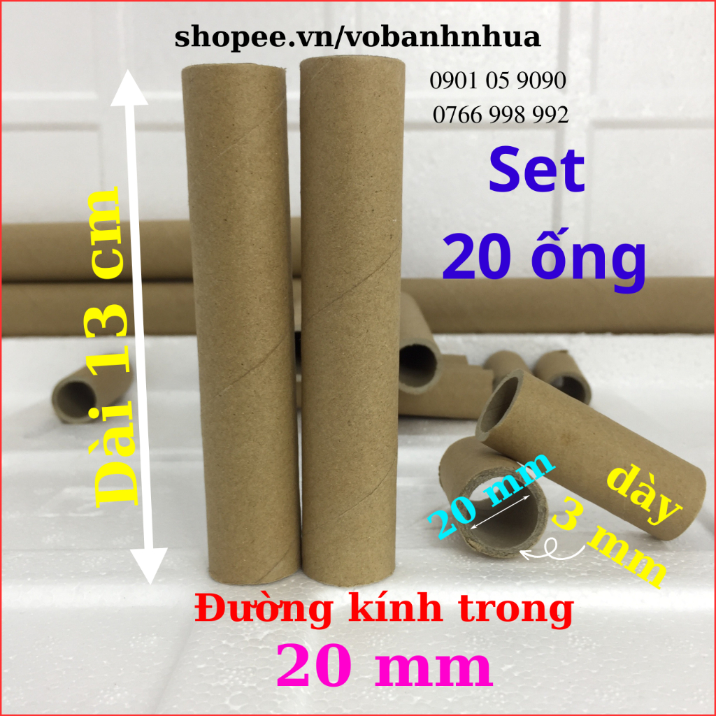 Set 20 ống phóng lõi giấy đường kính trong 20mm (dày 3mm,dài 13cm) rỗng phóng hoa, quấn màng PE, quấn chỉ