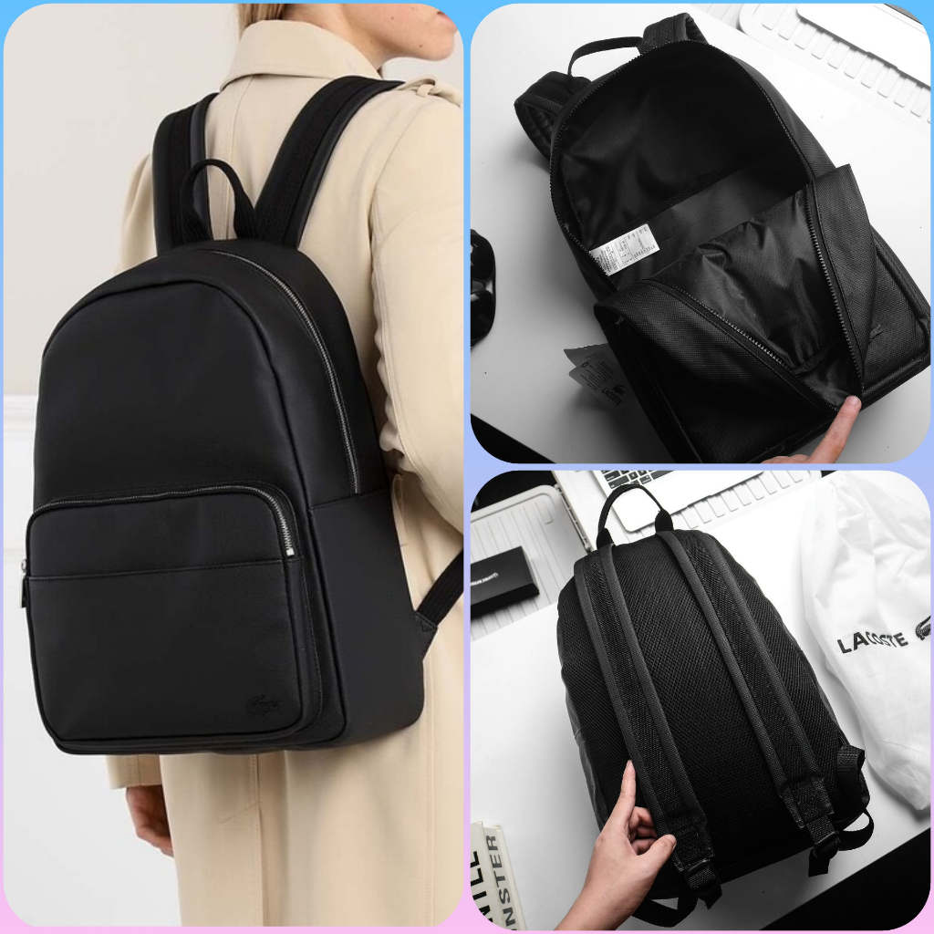 Balo thời trang đi học Lacoste màu đen da si sần chống nước, chuẩn hãng