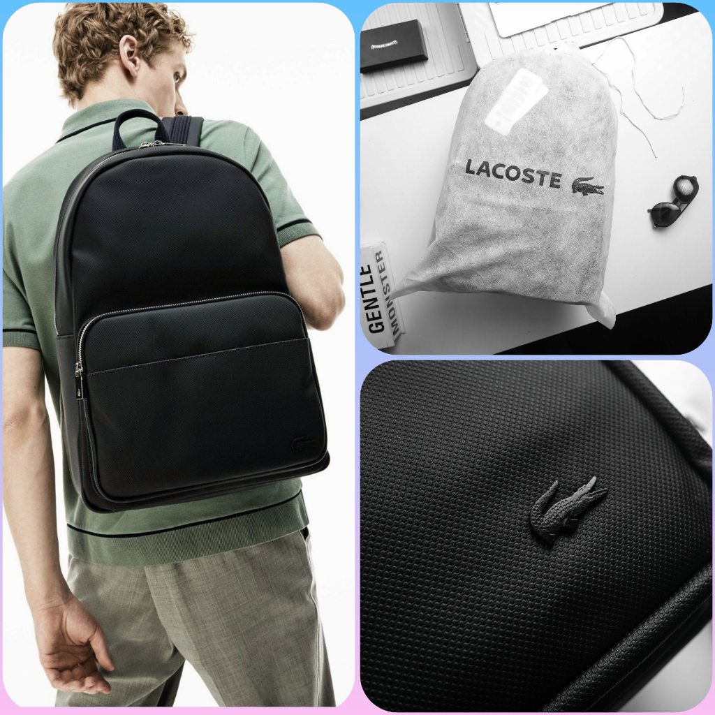 Balo thời trang đi học Lacoste màu đen da si sần chống nước, chuẩn hãng