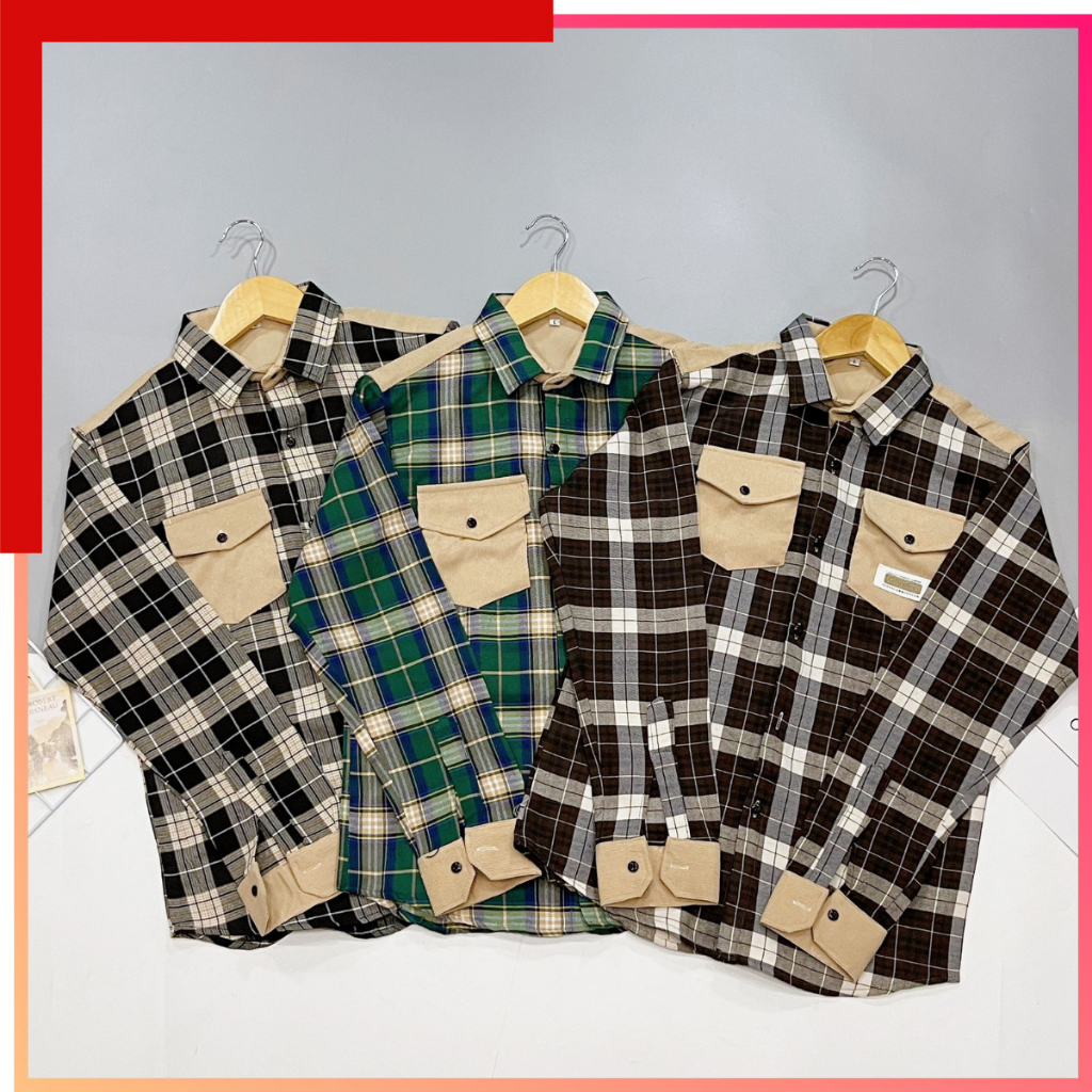 Áo sơ mi unisex cao cấp chất kate nỉ sọc caro kèm túi và phối tay áo đẹp thanh lịch sang trọng HH_STORE SM57