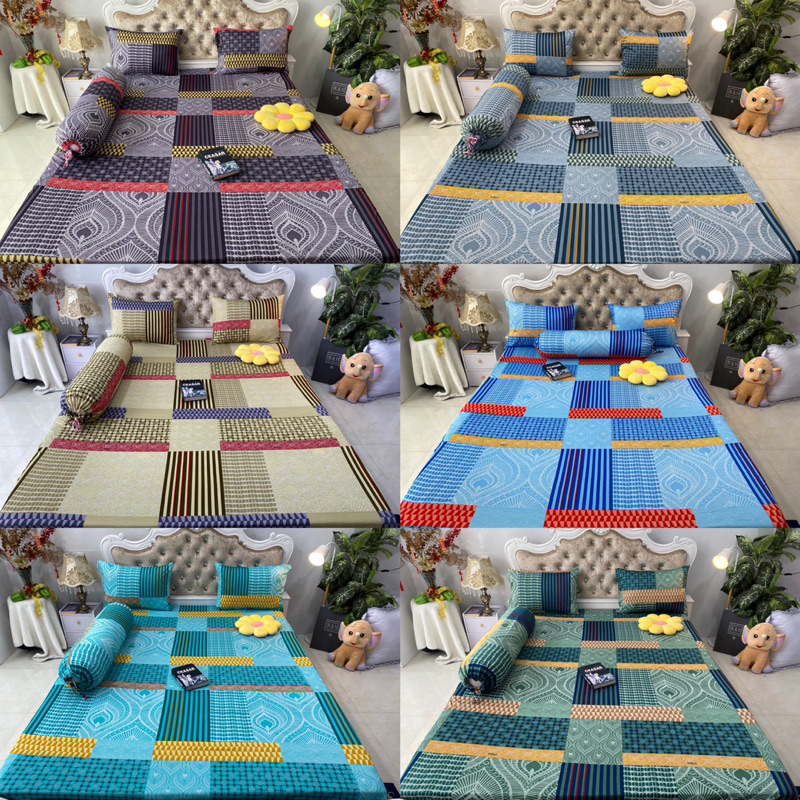 Bộ drap thun hàn quốc in hoa văn hoạ tiết kẻ sọc 6 màu