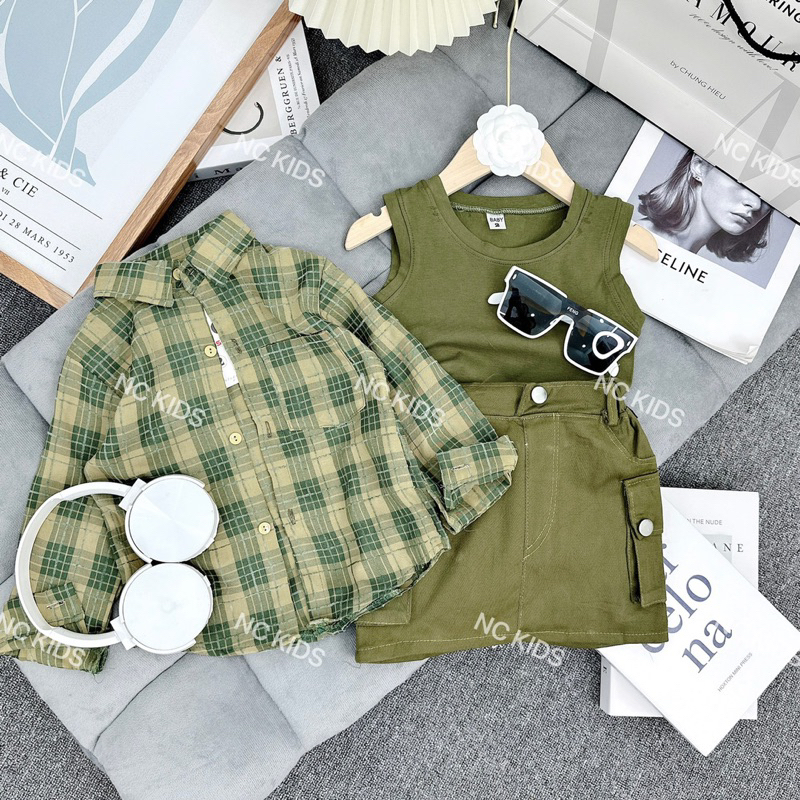 Set 3ct áo sơ mi , áo 3 lỗ kèm váy chất vãi mềm mịn siêu xinh cho bé gái , nhìn là mê luôn á