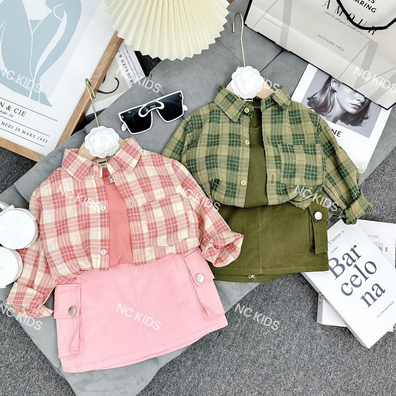 Set 3ct áo sơ mi , áo 3 lỗ kèm váy chất vãi mềm mịn siêu xinh cho bé gái , nhìn là mê luôn á