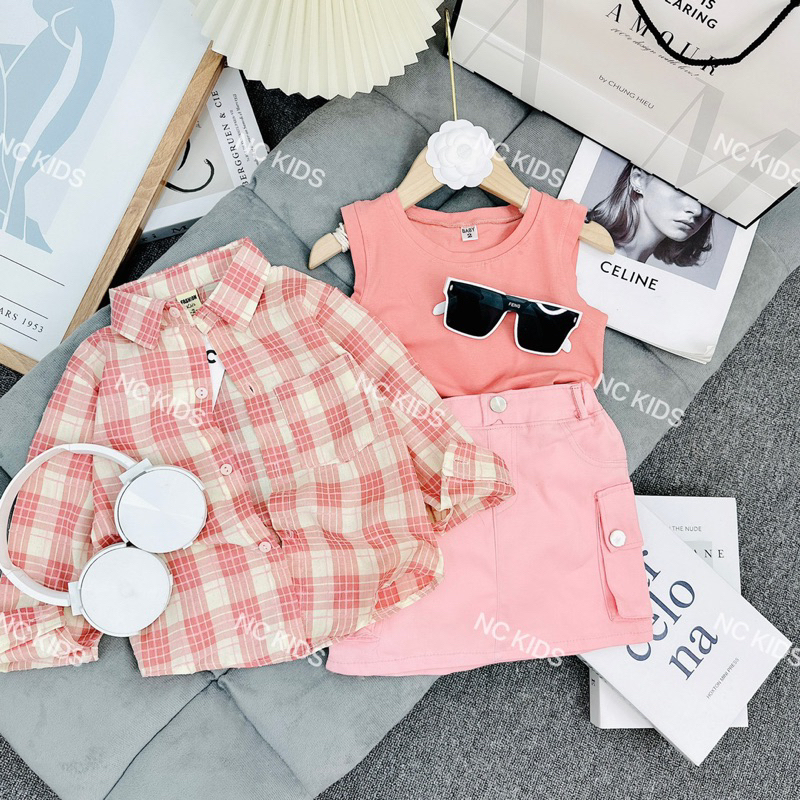 Set 3ct áo sơ mi , áo 3 lỗ kèm váy chất vãi mềm mịn siêu xinh cho bé gái , nhìn là mê luôn á