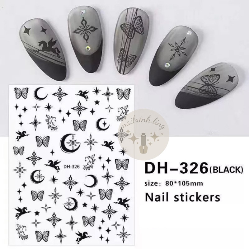 Miếng Dán Móng Sticker Hình Bướm, Ngọn Lửa, Dải Lụa, Mặt Trăng Trắng Đen Trang Trí Móng, Phụ Kiện Nail