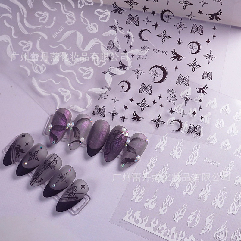 Miếng Dán Móng Sticker Hình Bướm, Ngọn Lửa, Dải Lụa, Mặt Trăng Trắng Đen Trang Trí Móng, Phụ Kiện Nail