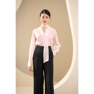 SHEAZ Áo sơ mi tơ hồng cổ V dây nơ dáng suông bay
