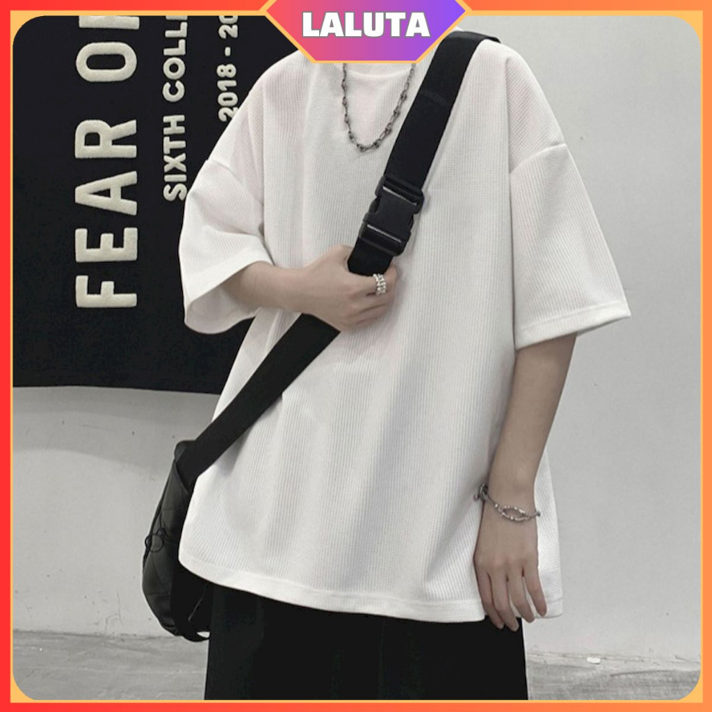 Áo thun chất tổ ong tay lỡ nam nữ form rộng chất tổ ong cotton LALUTA Áo phông nam nữ cổ tròn unisex thoáng mát AT010