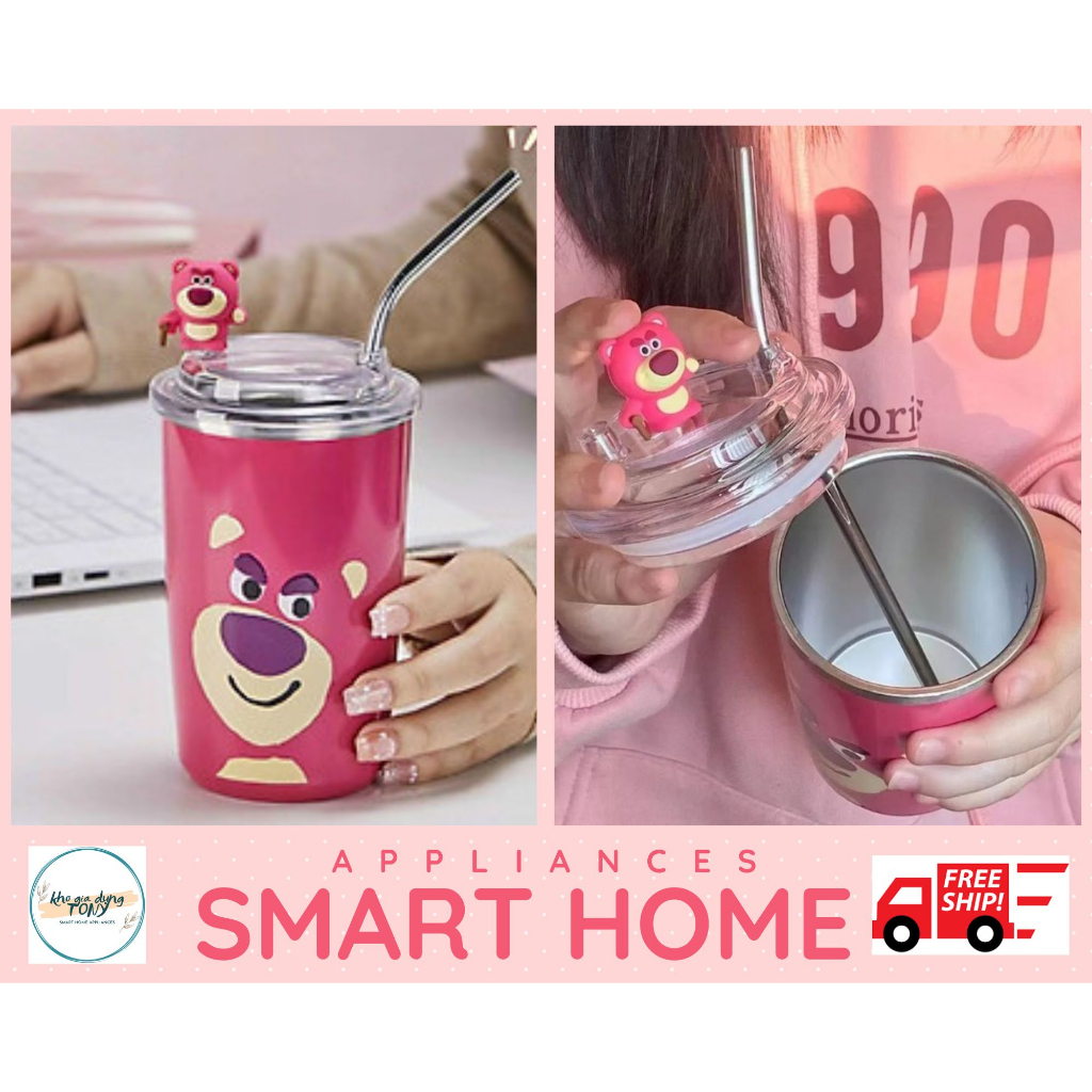 LY CỐC GIỮ NHIỆT HOẠ TIẾT GẤU DÂU LOSTO SIÊU XINH LÕI INOX 304 CHỐNG GỈ 450ML TẶNG KÈM ỐNG HÚT INOX TICKER GẤU DÂU SIÊU