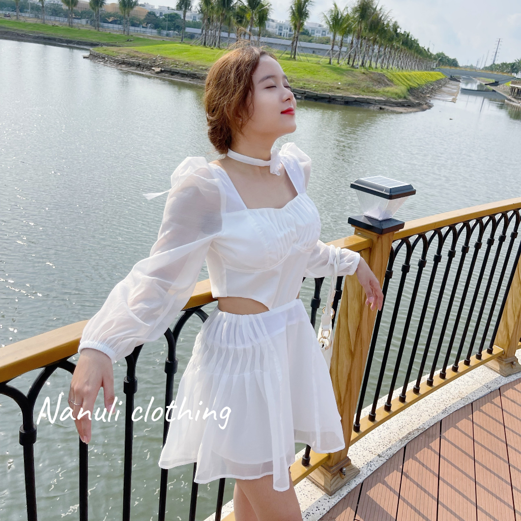 Đầm xòe thiết kế sang chảnh, váy cut-out eo kèm chorker cổ hình hoa freesize