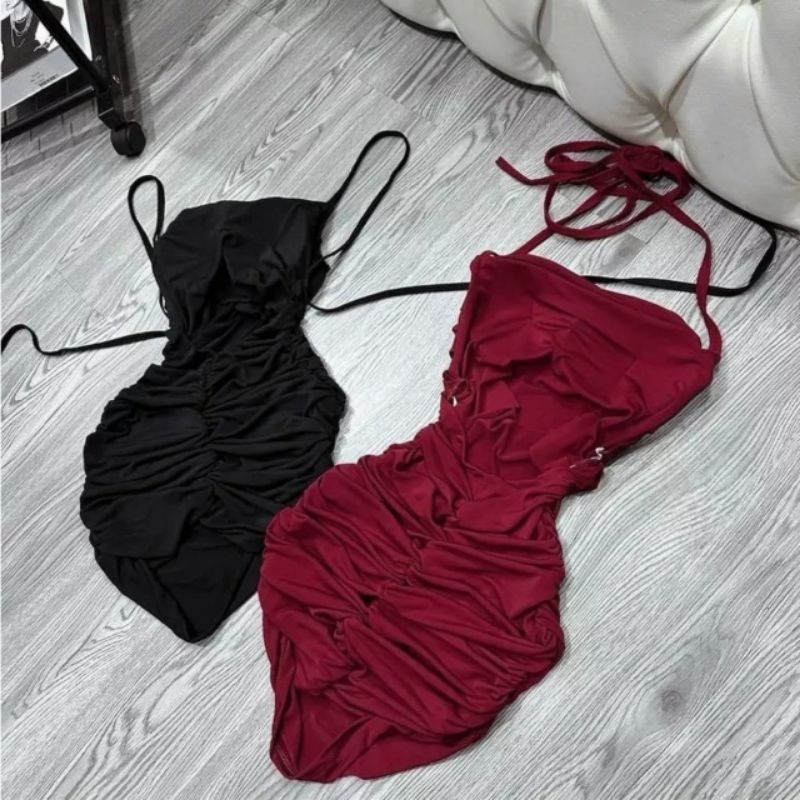 Đầm Hai Dây Cột Hở Lưng Cổ Vuông - Có Mút - Dáng Ngắn Nhún Hai Bên Hông Ôm Body Sexy - Tiểu Thư Bánh Bèo Cute Sang Chảnh