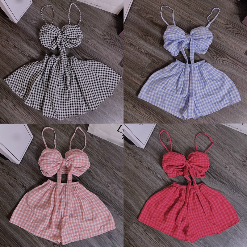 SET ÁO HAI DÂY BUỘC NƠ NGỰC PHỐI QUẦN ĐÙI XOÈ HOẠ TIẾT CARO