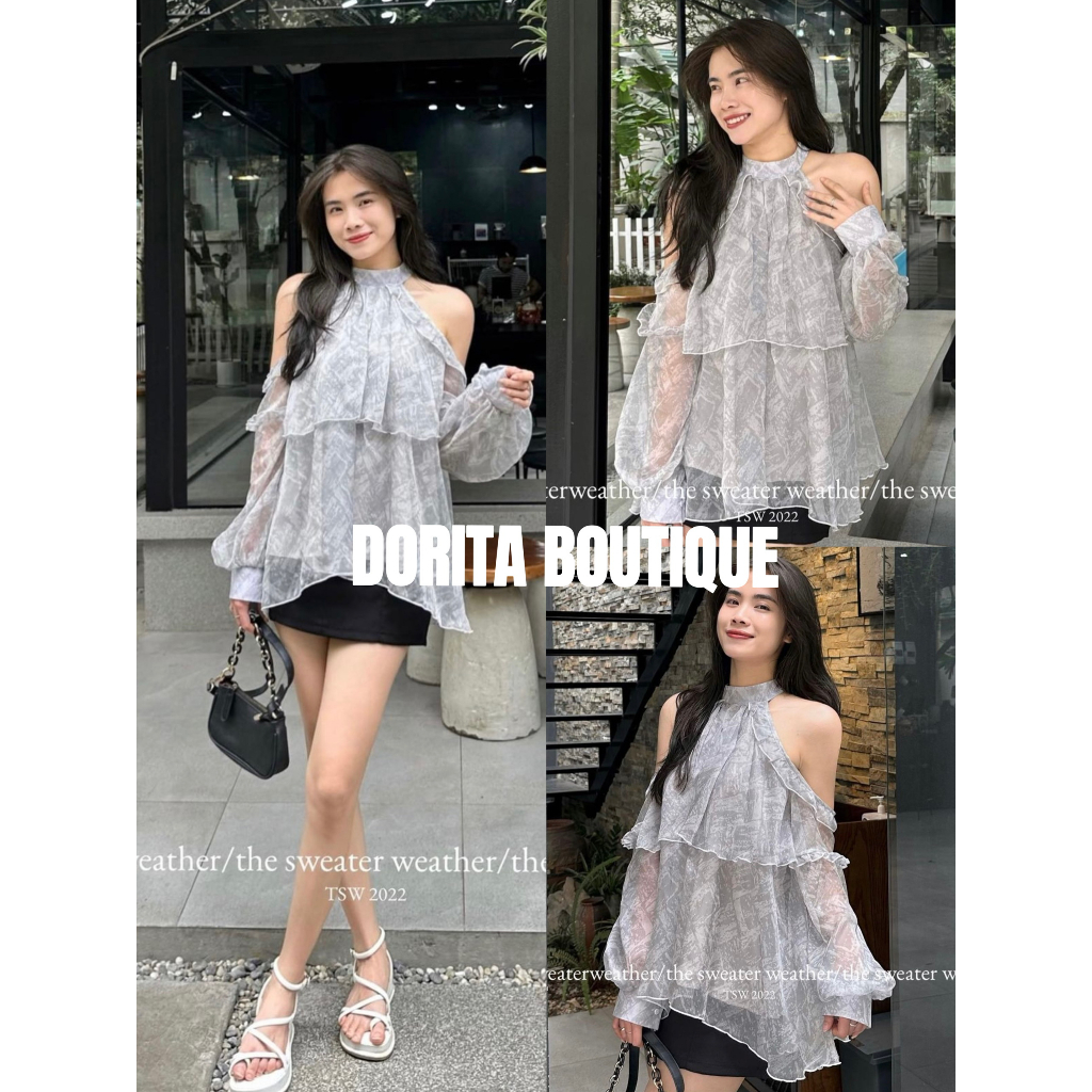 Áo cổ yếm voan tơ khoét vai viền bèo phối màu siêu lạ Hottrend Dorita Boutique