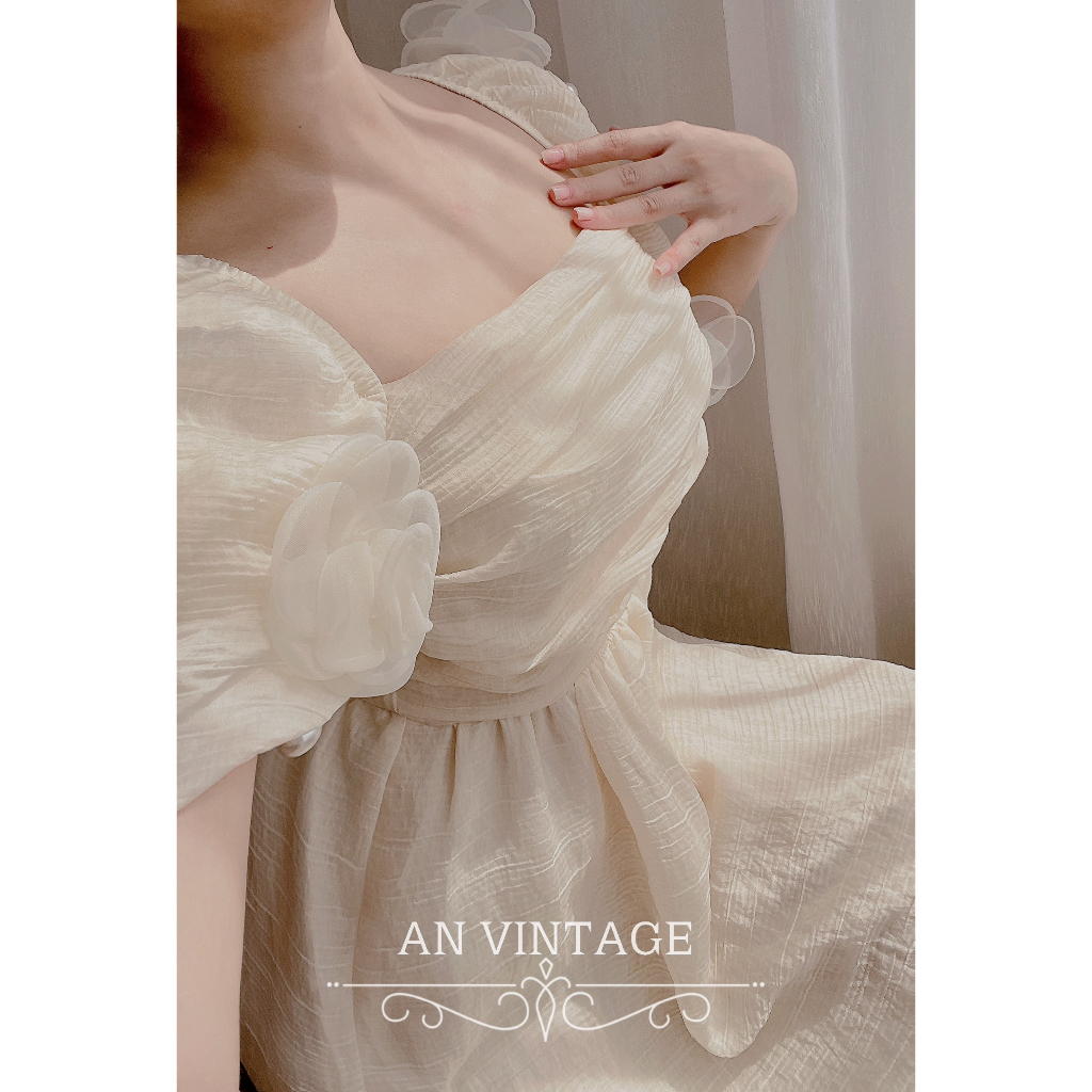 ĐẦM VINTAGE HOA HỒNG TAY BỒNG