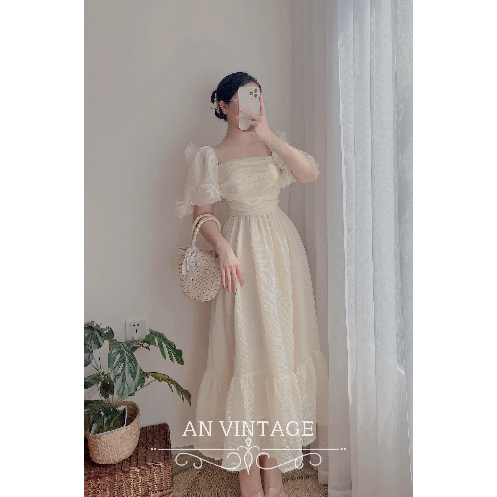 ĐẦM VINTAGE HOA HỒNG TAY BỒNG