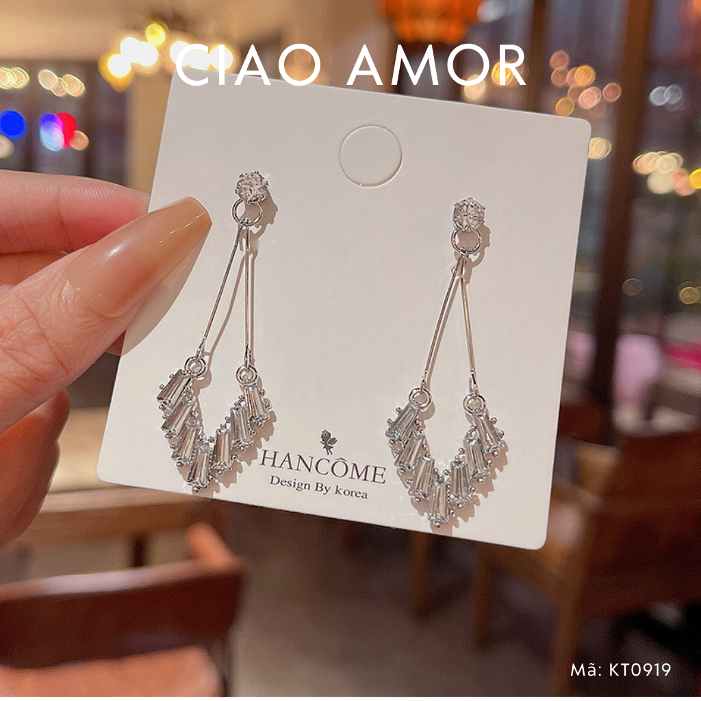 Khuyên tai nữ, Bông tai dài đá xếp lớp bạc thanh lịch Trang sức Ciao Amor - KT0919