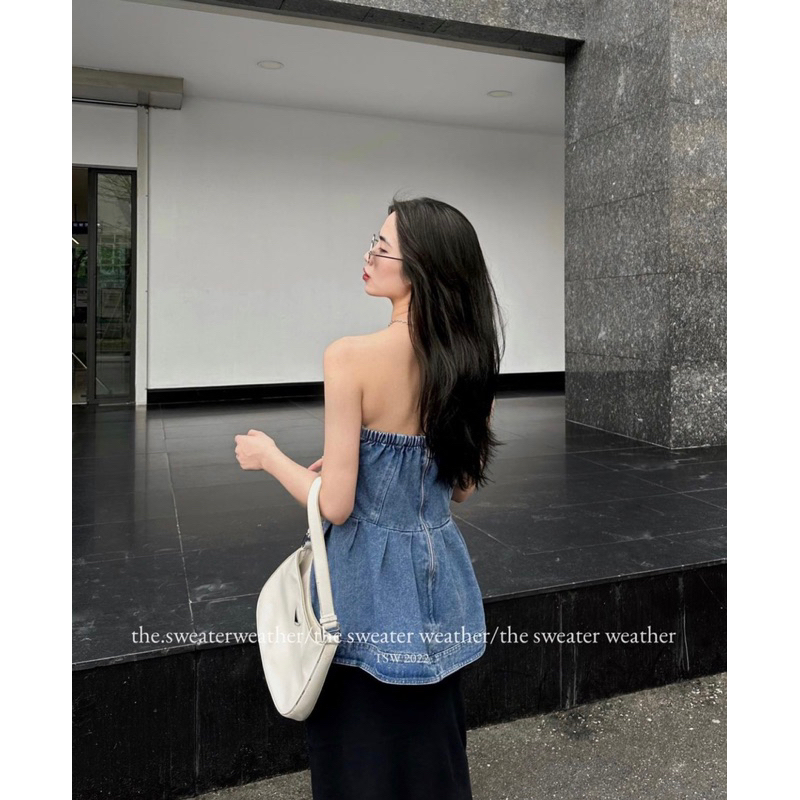 ÁO QUÂY DENIM CÚP NGỰC DÁNG PEPLUM KHOÁ LƯNG hot hit