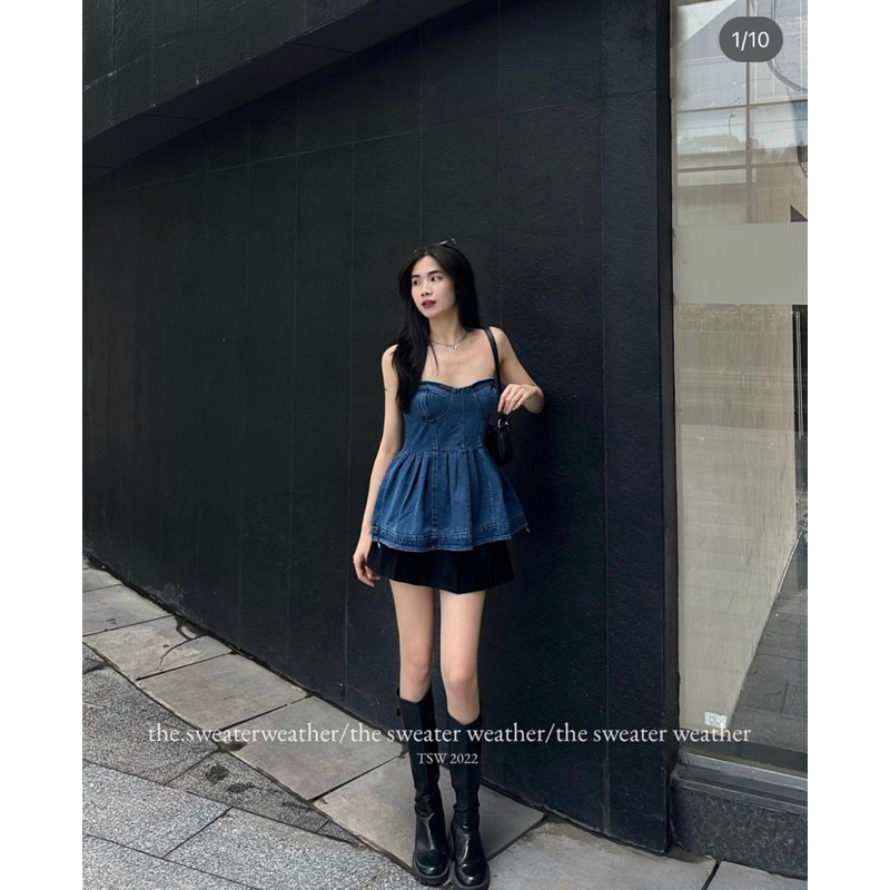 ÁO QUÂY DENIM CÚP NGỰC DÁNG PEPLUM KHOÁ LƯNG hot hit
