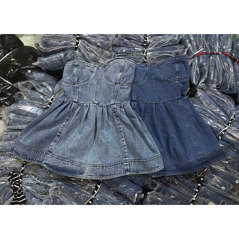 ÁO QUÂY DENIM CÚP NGỰC DÁNG PEPLUM KHOÁ LƯNG hot hit