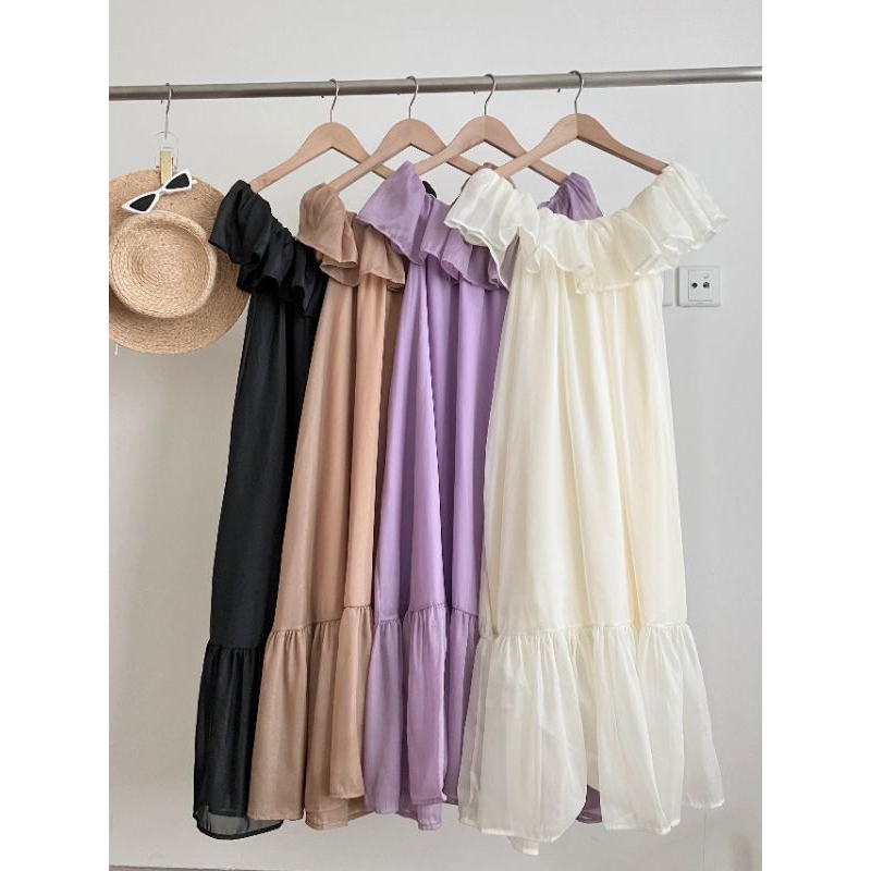 Đầm maxi trễ vai dáng xuông chất voan tơ cao cấp mặc đi biển cực xinh
