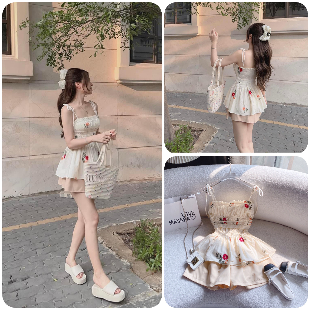 SET ÁO 2S NUDE THÊU HOA CỘT VAI + SHORT NUDE