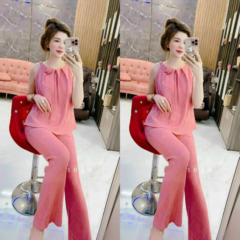 set bộ áo yếm nữ quần dài ống loe dễ thương vải gân dầy dặn lên phom đẹp