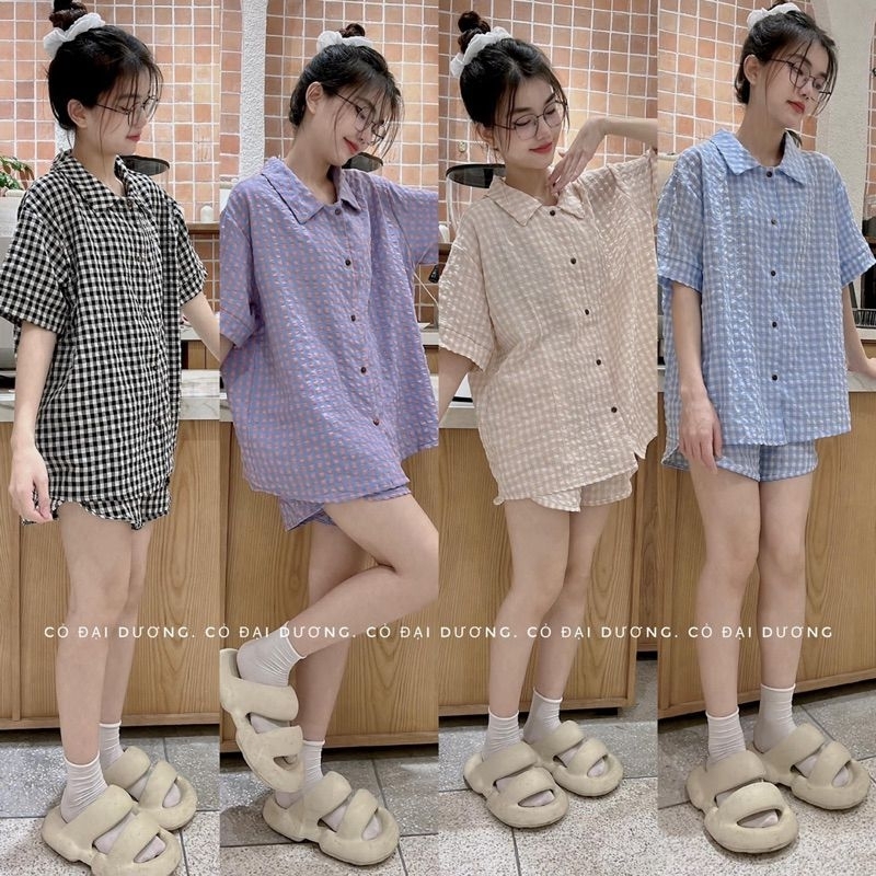 KẺ CARO SV - Bộ Pyjama đùi kẻ xốp form rộng cực xinh .
