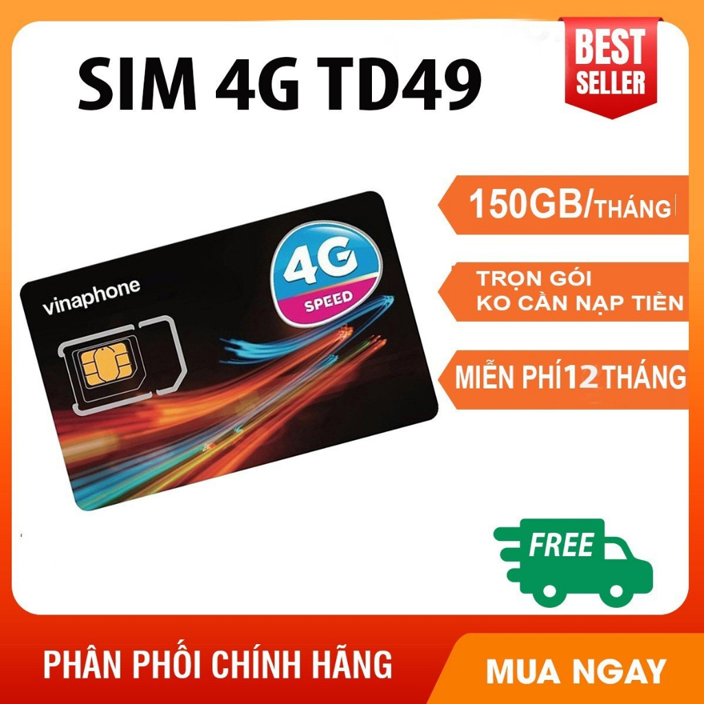 Sim4G TD49 Vinaphone , Tổng Data 1200GB Sử Dụng 1 Năm - Không Giới Hạn Truy Cập Tốc Độ , Bảo Hành 12 Tháng
