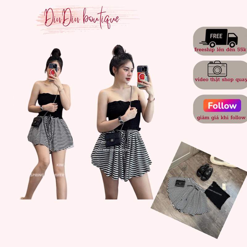 Set đồ bộ nữ áo quây ôm body kèm quần giả váy sọc trắng đen cho mùa hè, phù hợp đi biển, đi chơ
