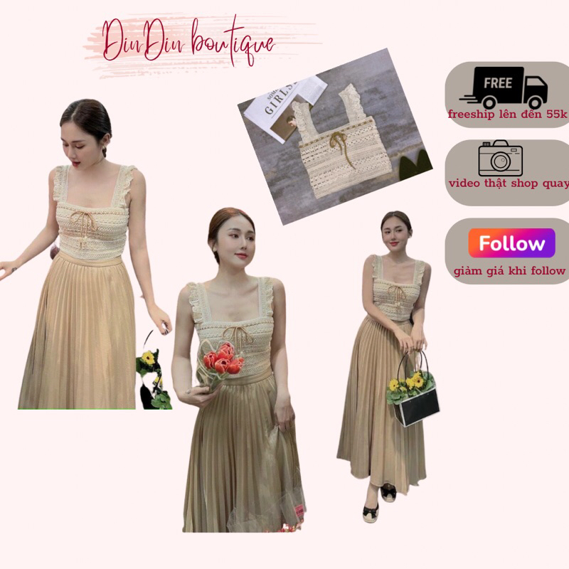 Áo ren croptop cánh tiên 2 dây bản to cổ vuông dây nơ màu be freesize, phong cách sexy ( Ảnh thật video shop tự quay)