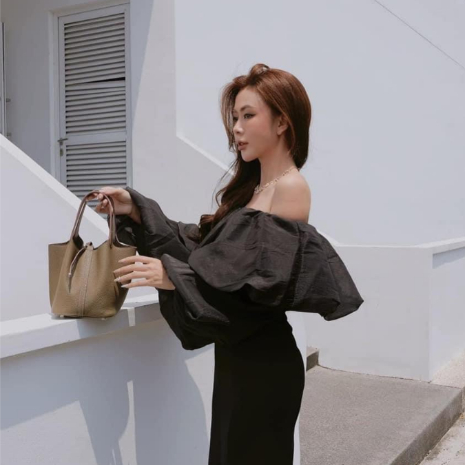 Set áo trễ vai bèo tay bồng phối chân váy đuôi cá dài thời trang thiết kế tiểu thư sang chảnh đi chơi đi dự tiệc cưới
