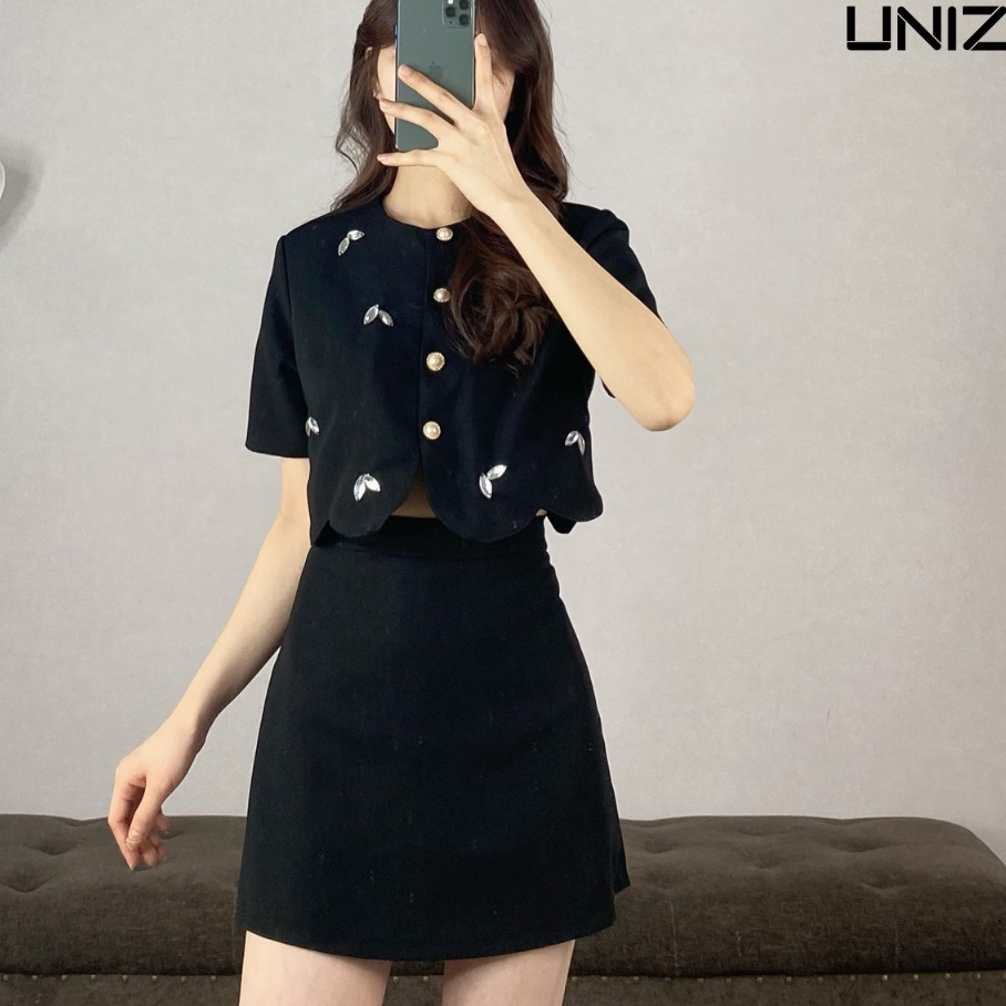 ( Ảnh thật ) Set áo đính đá kèm chân váy chữ A cao cấp Uniz - Setdinhcuom027