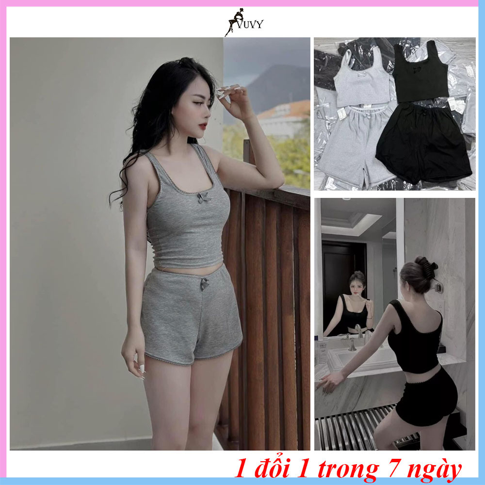 Set đồ ngủ, bộ đồ ngủ áo ba lỗ quần đùi nữ VUVY màu đen, xám, chất liệu vải bozip tăm hàn thoáng mát BO004