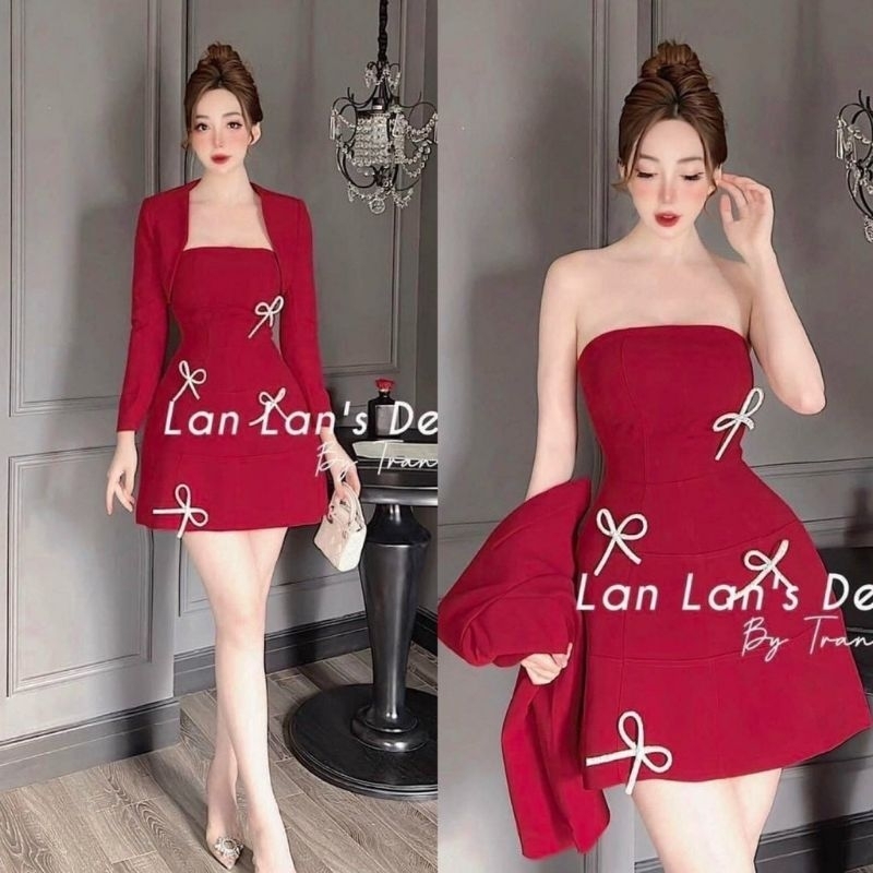 Sét Đầm Váy Nữ Chất Vải Tapta Dày Cúp Ngực Dáng Xoè ( Có Mút Ngực ) Kèm Áo Khoác Dài Tay Đính Phụ Kiện 105
