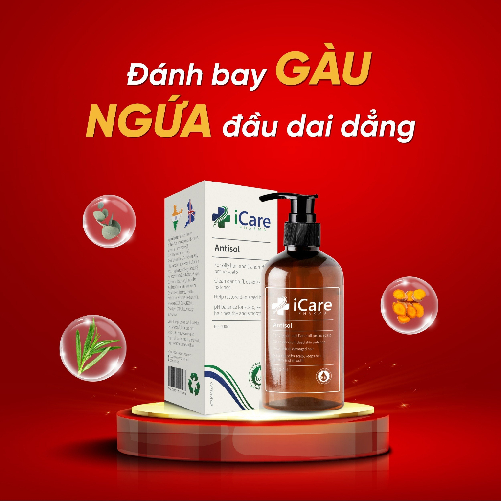 Dầu Gội iCare Pharma Antisol Sạch Gàu Chiết Xuất Dược Liệu Sạch Gàu, Giảm Ngứa, Chống Rụng, Không Gây Khô Tóc 240ml