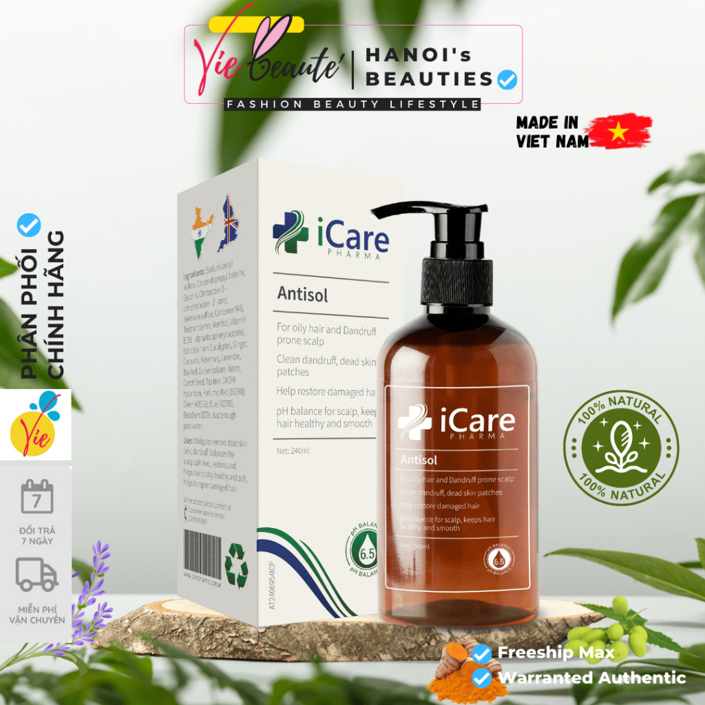 Dầu Gội iCare Pharma Antisol Sạch Gàu Chiết Xuất Dược Liệu Sạch Gàu, Giảm Ngứa, Chống Rụng, Không Gây Khô Tóc 240ml