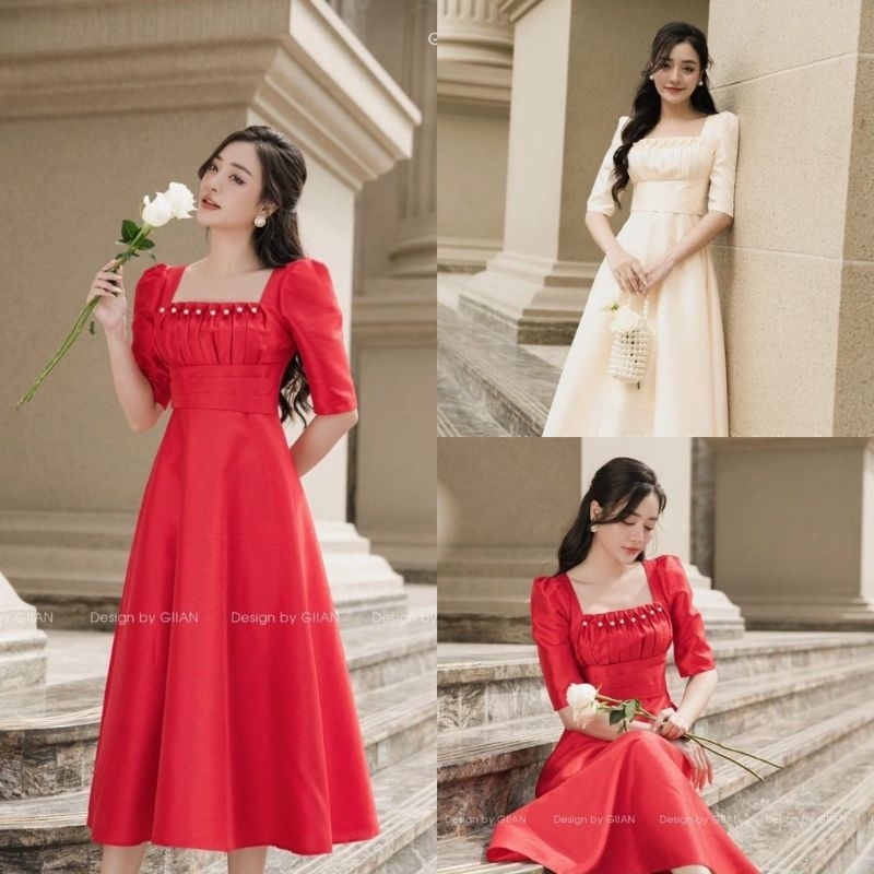 Đầm váy nữ cổ vuông đính ngọc xếp ly ngực 2 màu sang chảnh, phối tapta dáng xòe dự tiệc đi chơi quý phái 103
